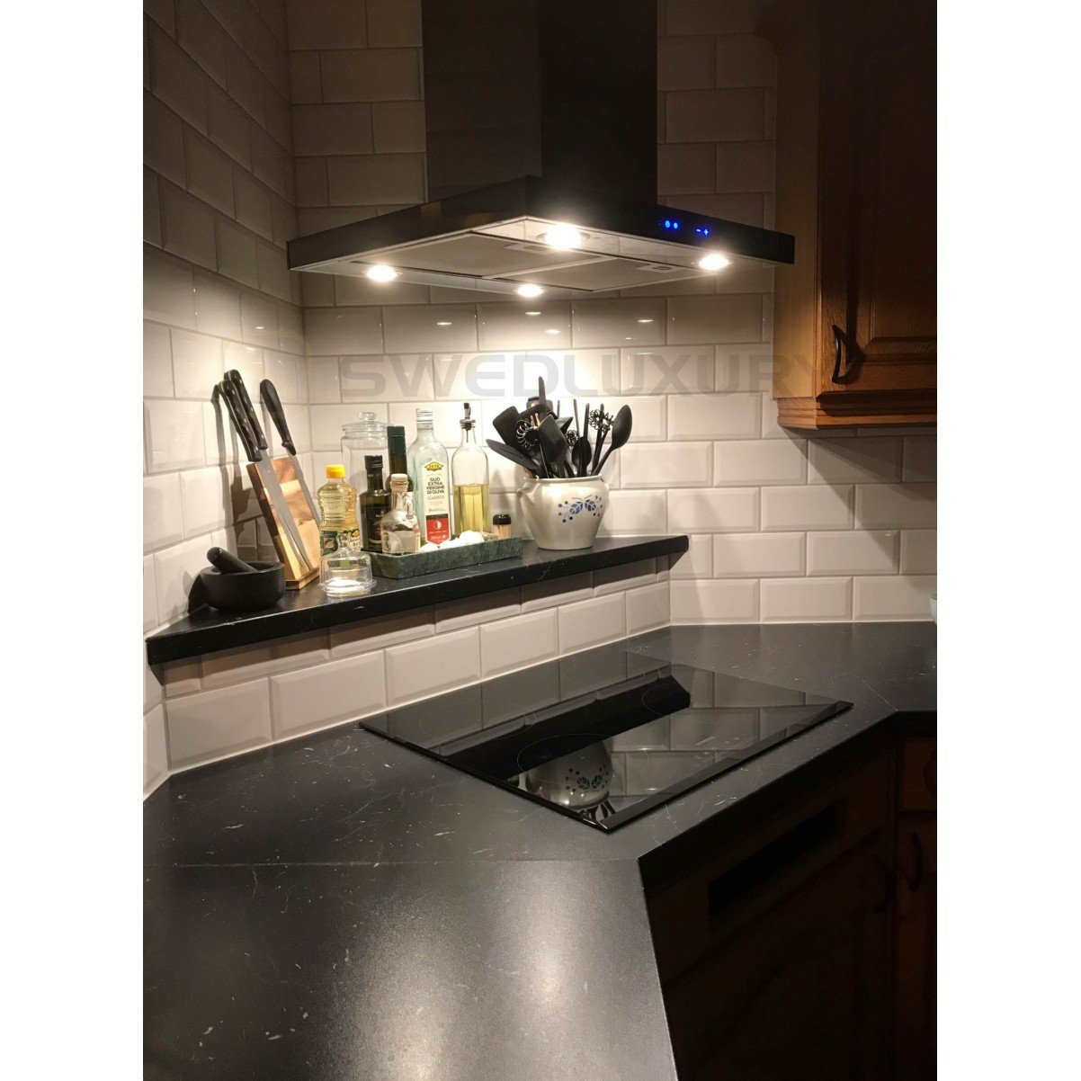 Lyx frihängande köksfläkt Pacific  60cm / 90 cm rostfritt stål+ vit glas