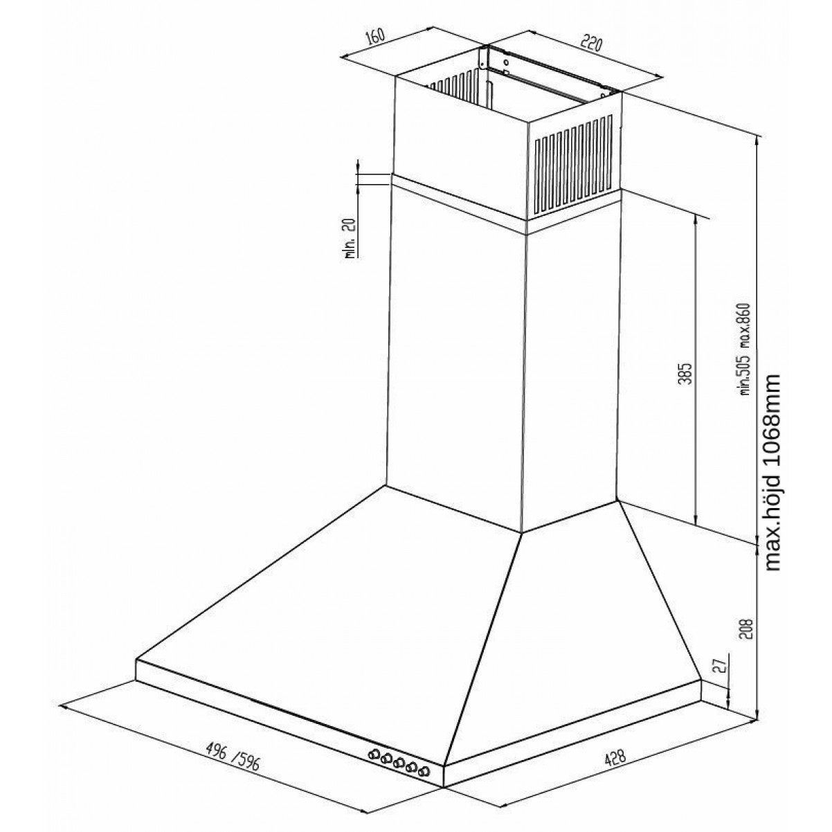 Vägghängd köksfläkt ALDIS II 50cm svart matt