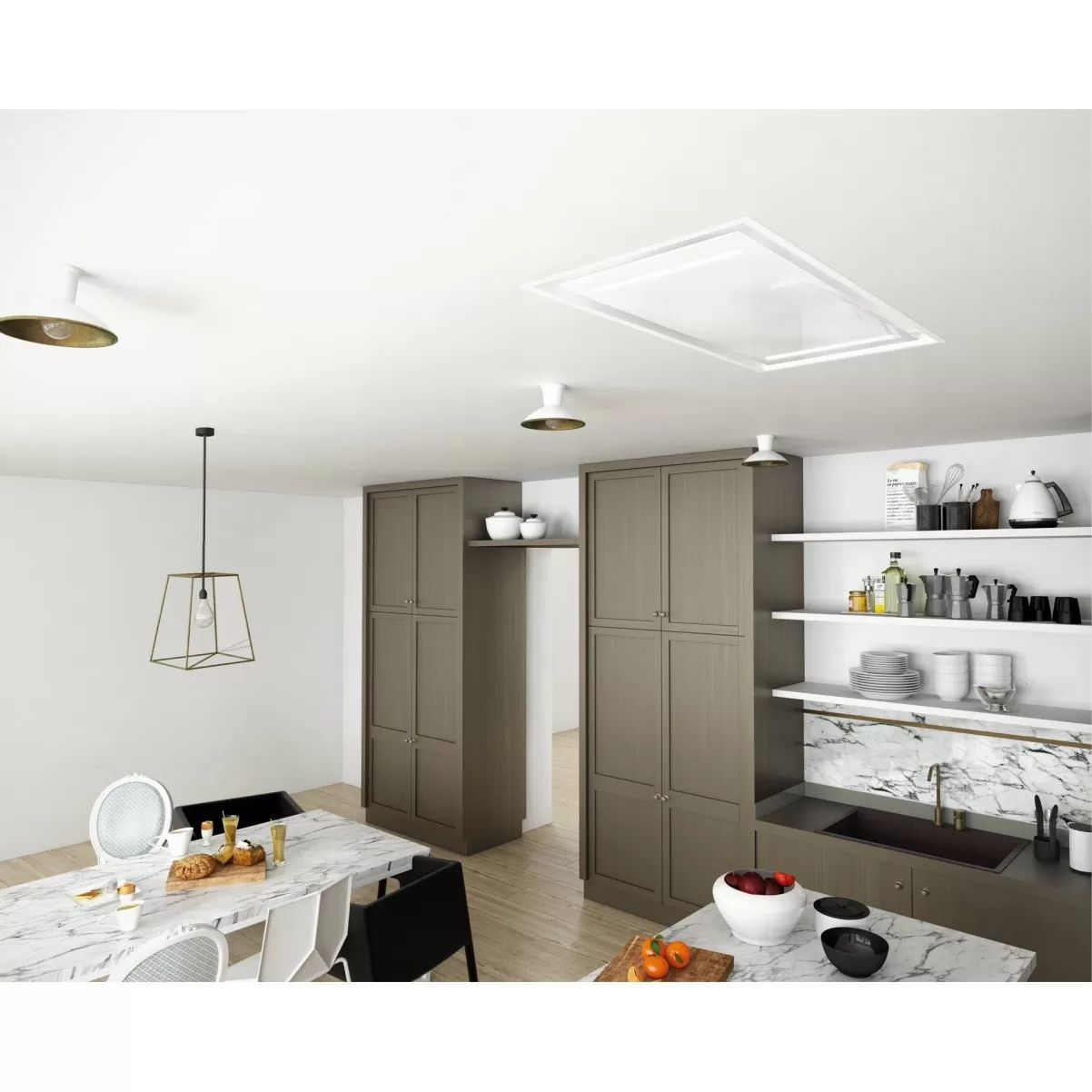 Premium line tak integrerad köksfläkt Swedluxury ALFA α vit glas