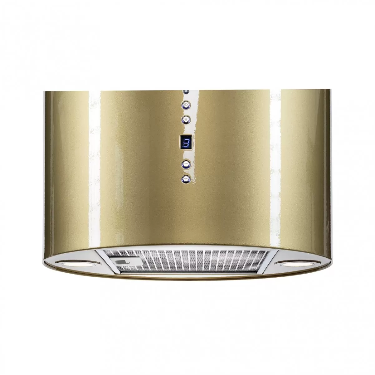 Design frihängande cylinderformad köksfläkt Explorer guld mässing